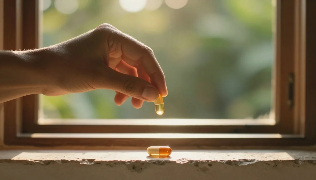 A single natural supplement capsule held near a window with golden morning light