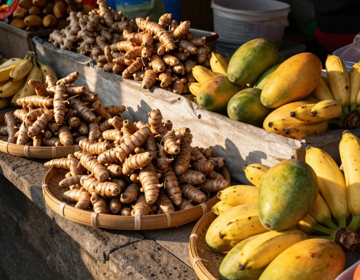 Fresh turmeric, ginger, and tropical fruits at a Balinese market stall