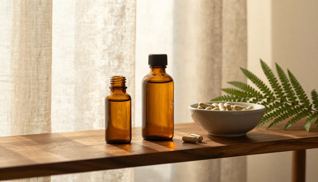 Natural supplement capsules arranged on a stone table in warm Bali morning light