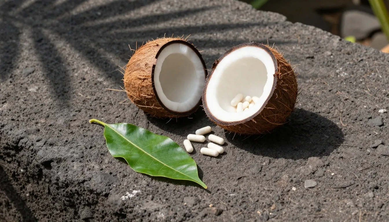 Morning light on a stone table with natural supplement capsules in Bali