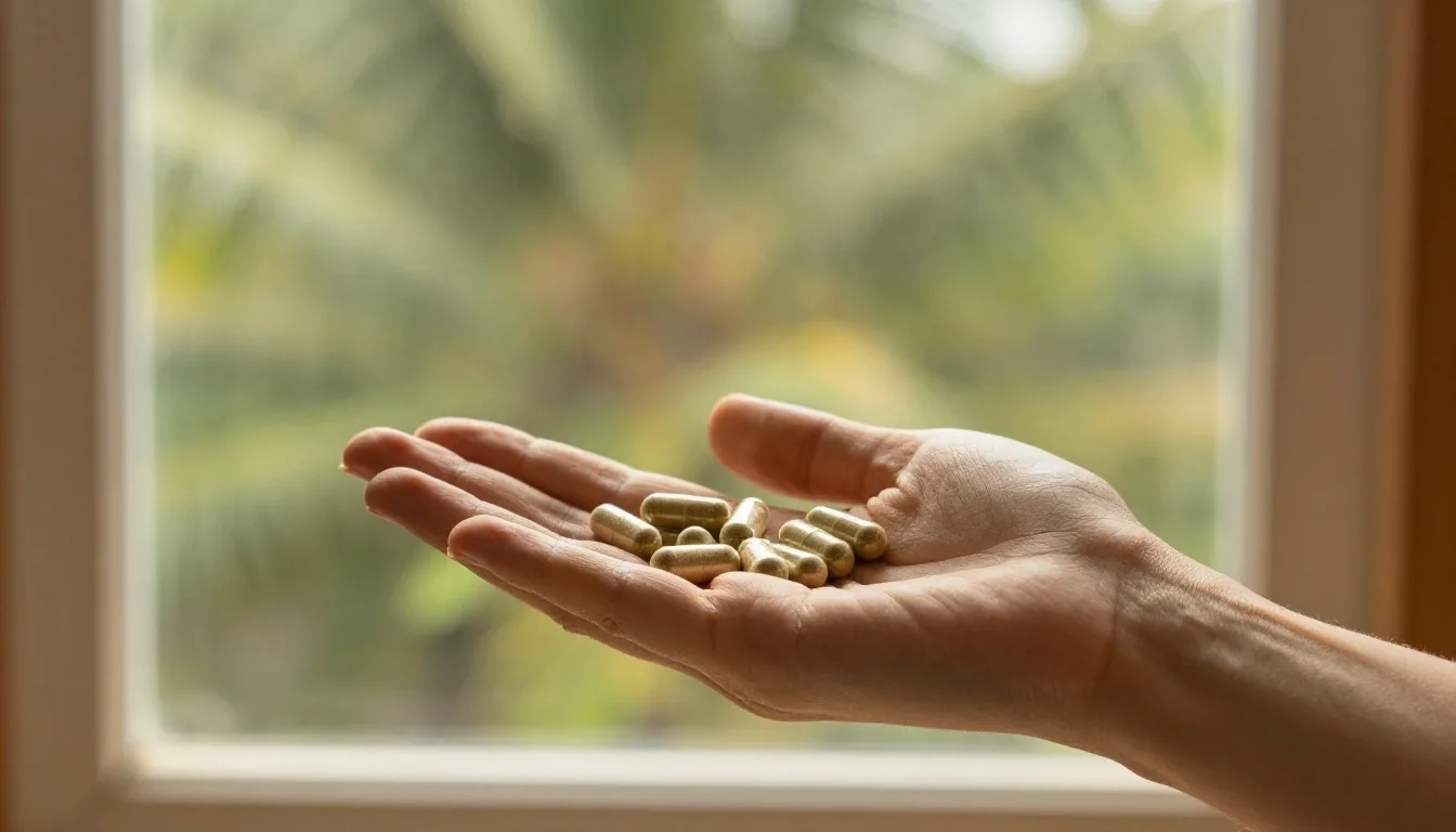 Hand holding a supplement capsule in morning light