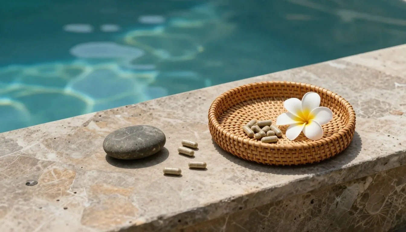 Morning light on a stone ritual table with natural supplements
