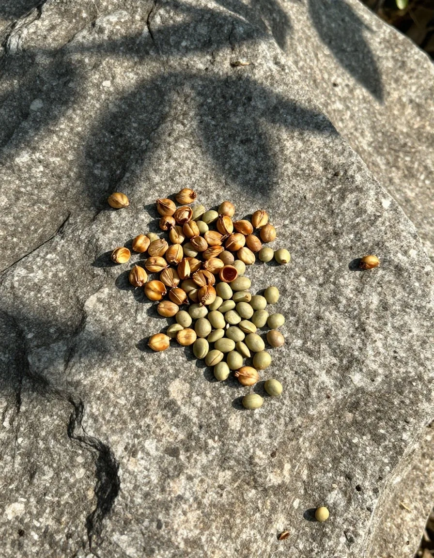 Guarana seeds and green coffee beans on a stone surface
