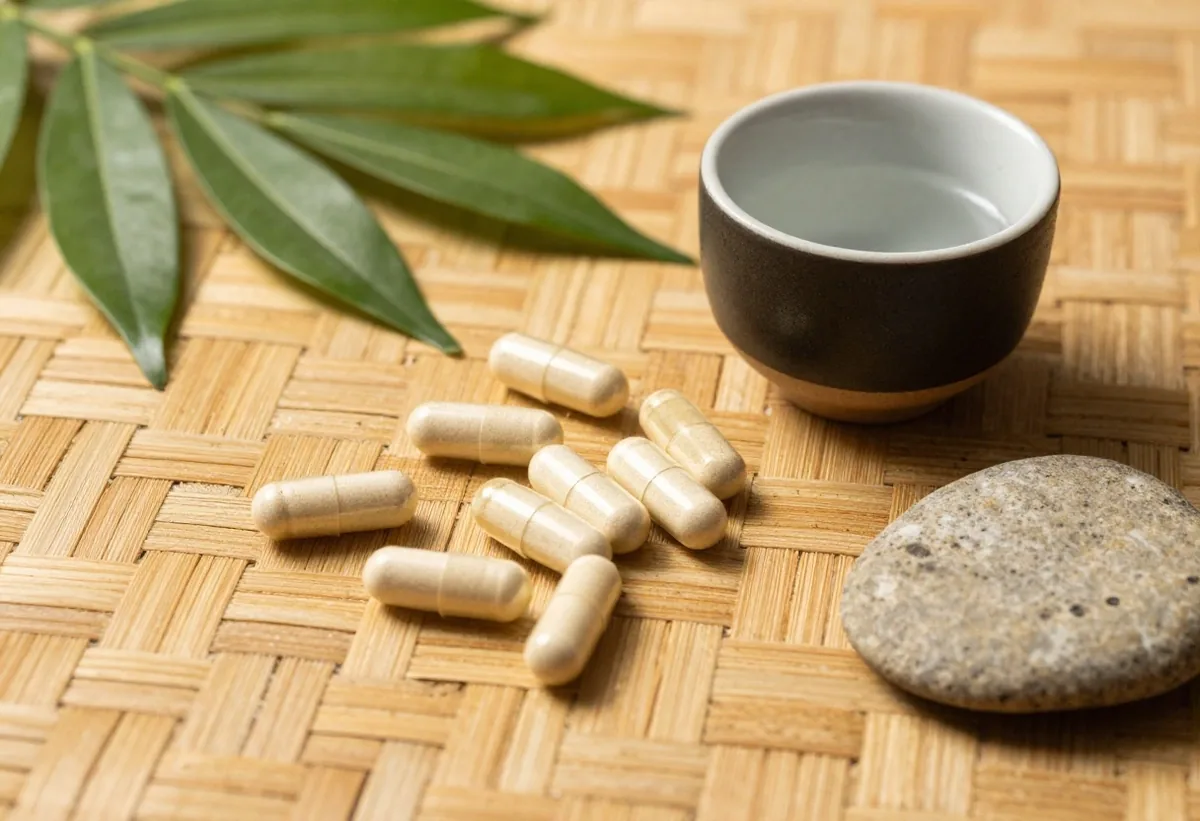 Natural supplement capsules on a woven mat in warm morning light