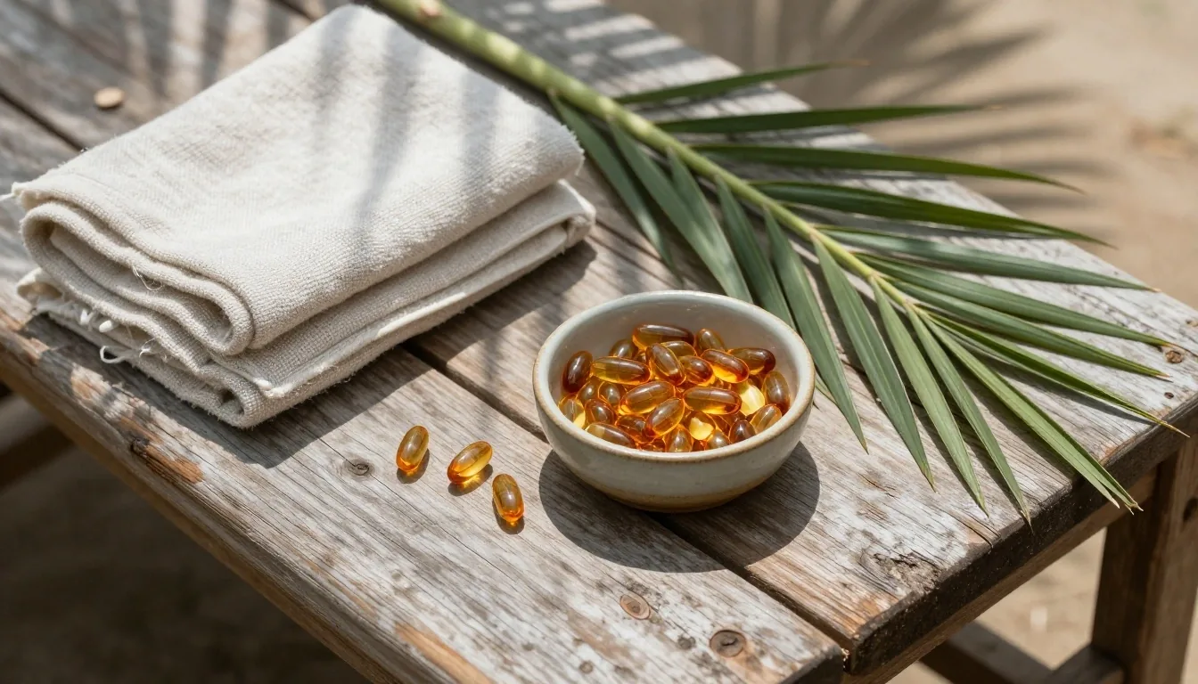 Natural supplement capsules arranged on a stone surface in warm Bali morning light
