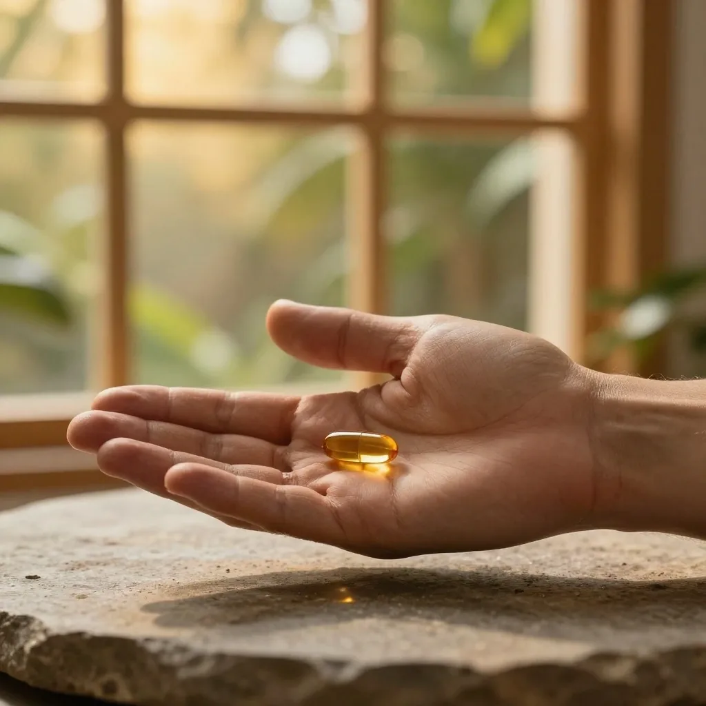 A hand holding a natural supplement capsule in warm morning light