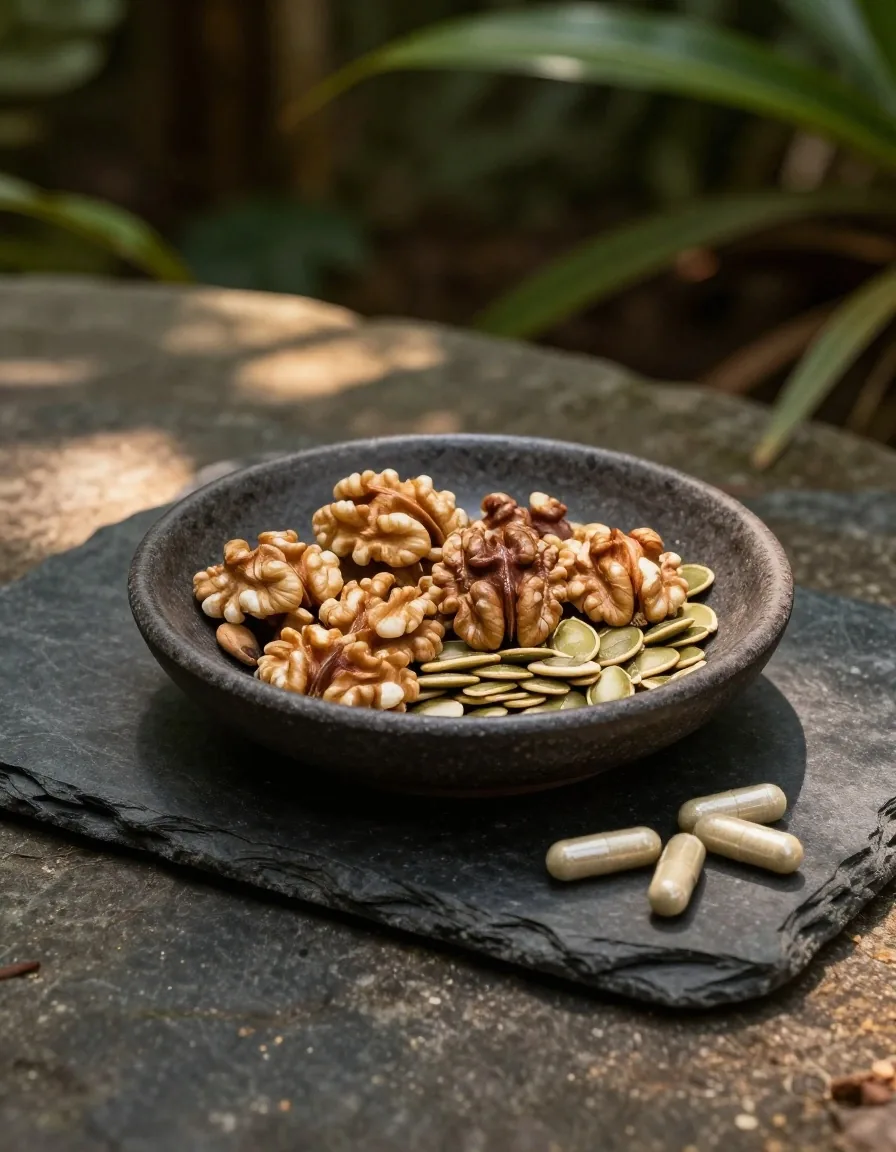 Natural supplement capsules and mineral-rich foods on a stone surface