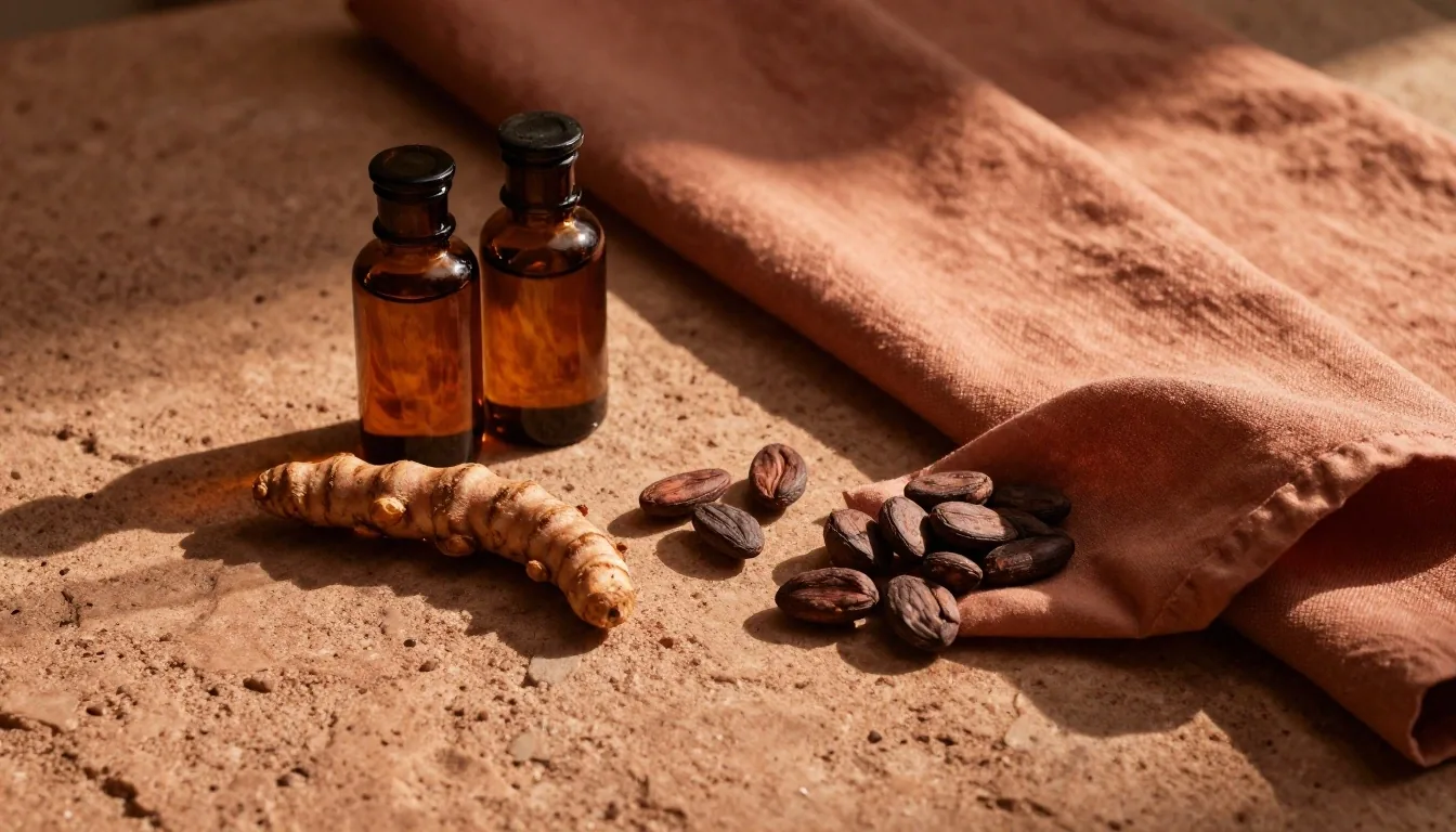 Supplement capsules and jars on a stone surface in golden hour light
