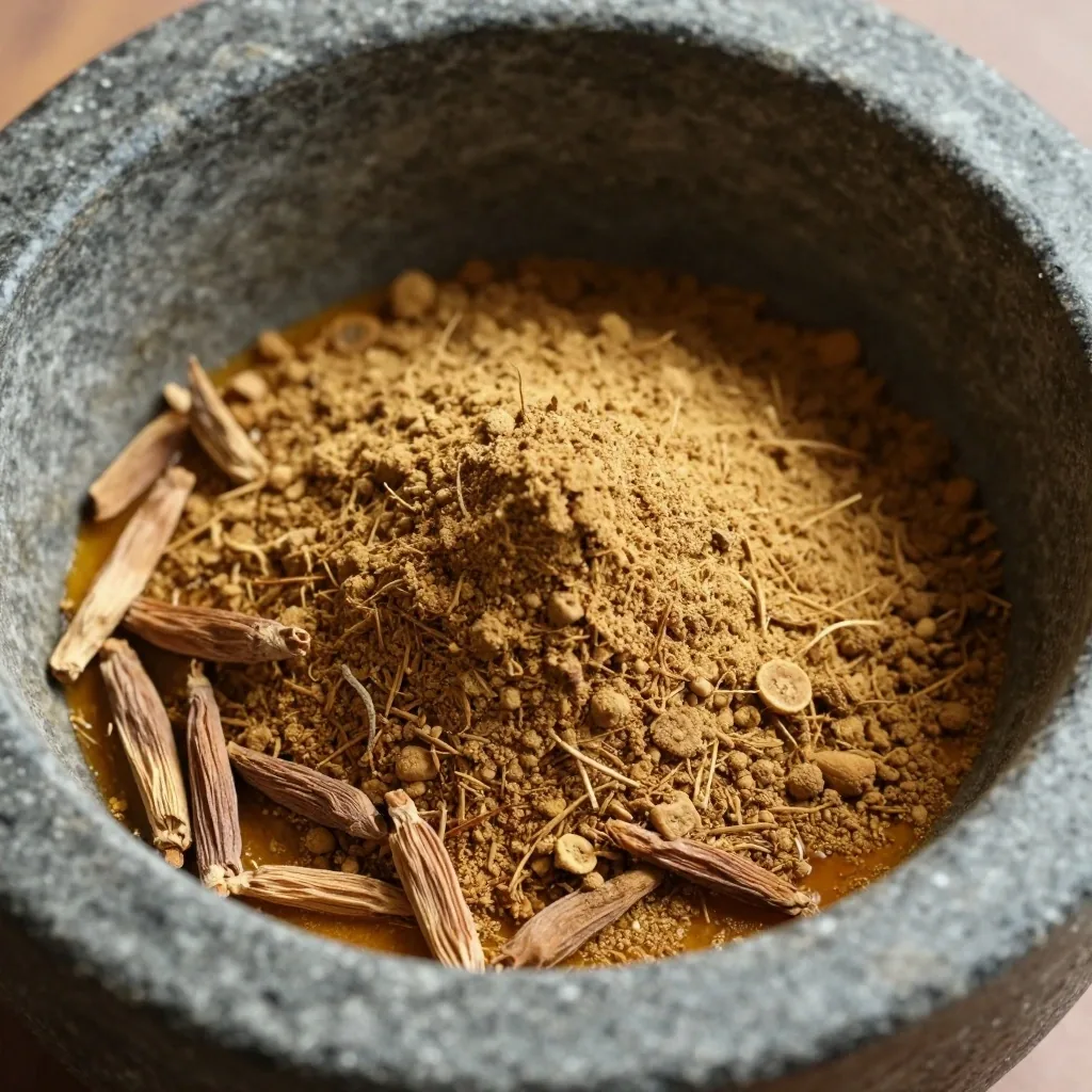 Ashwagandha root powder in a stone mortar