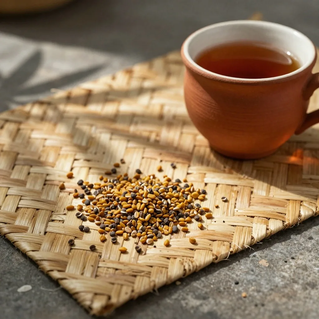 Fenugreek seeds on a woven mat