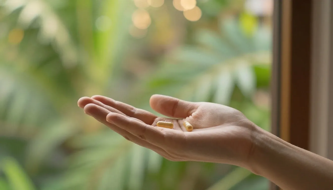 Hand holding a natural supplement capsule near a window