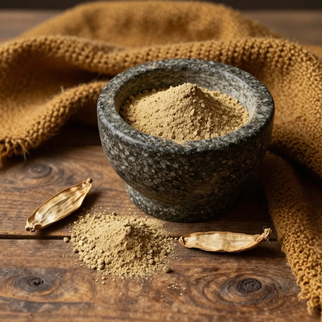 Maca root powder in a ceramic bowl