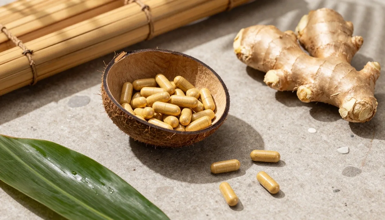 Natural supplement capsules arranged on a stone table in warm Bali morning light