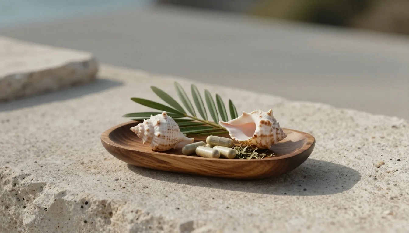 Morning light on a stone ritual table with natural supplements