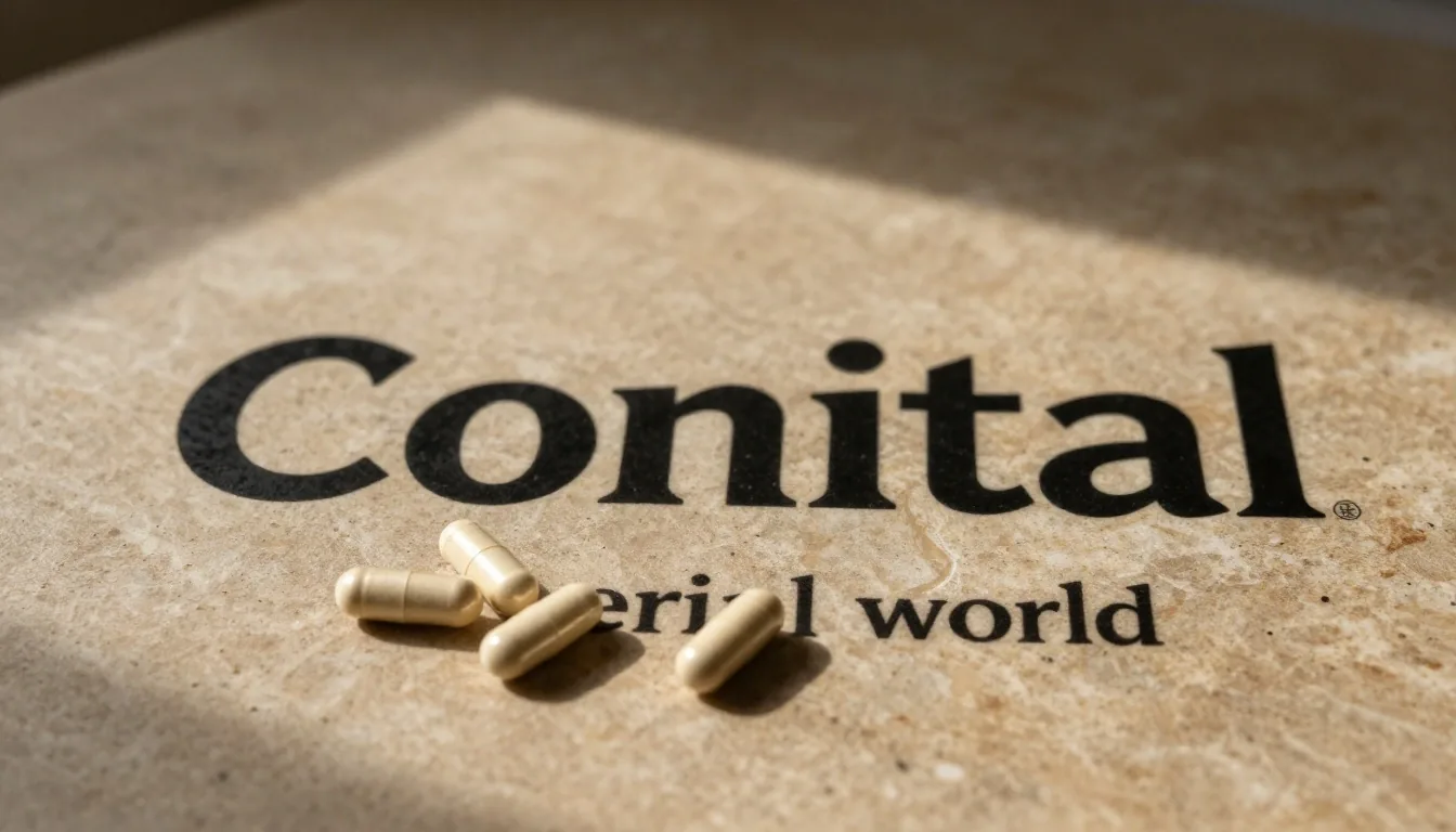 Natural supplement capsules arranged on a warm stone table in morning light