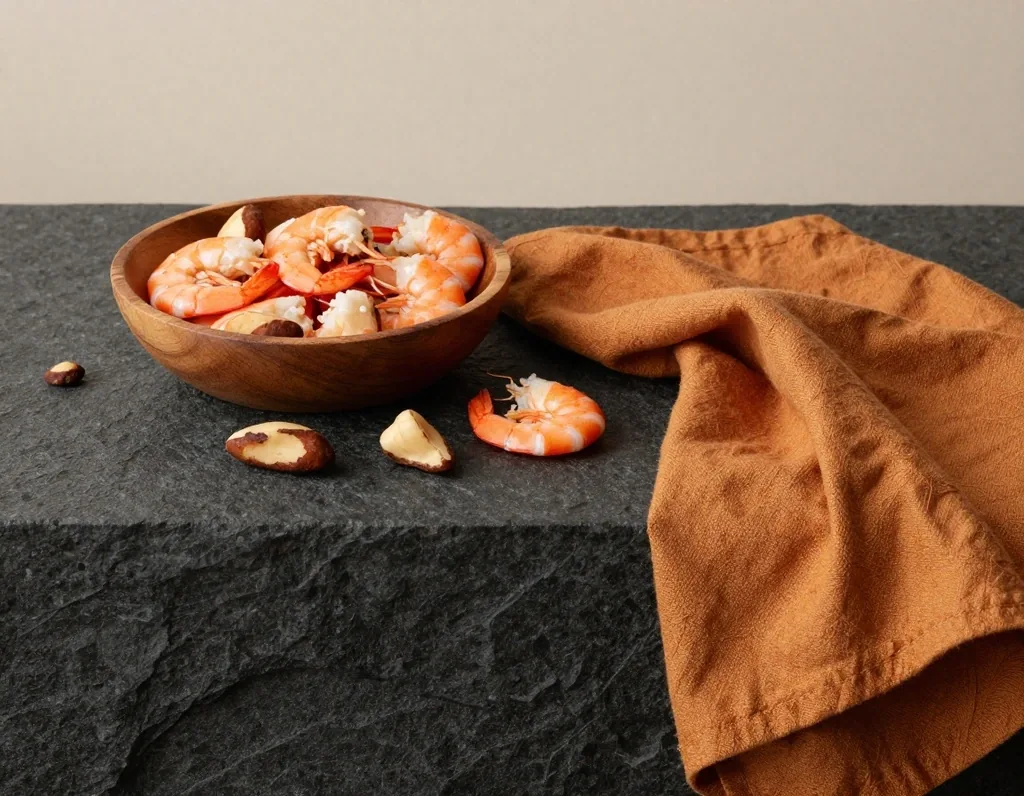 Brazil nuts and shrimp on stone