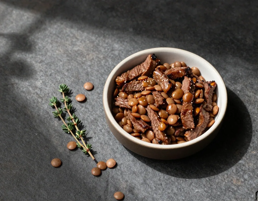 Red meat and lentils on stone